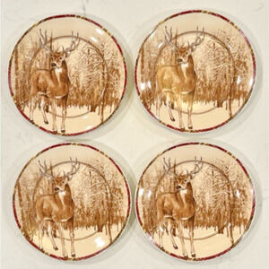 Set of 4 CANTERBERRY POTTERIES Plaid Majestic Buck Bread Side Plates 7.5" 2016